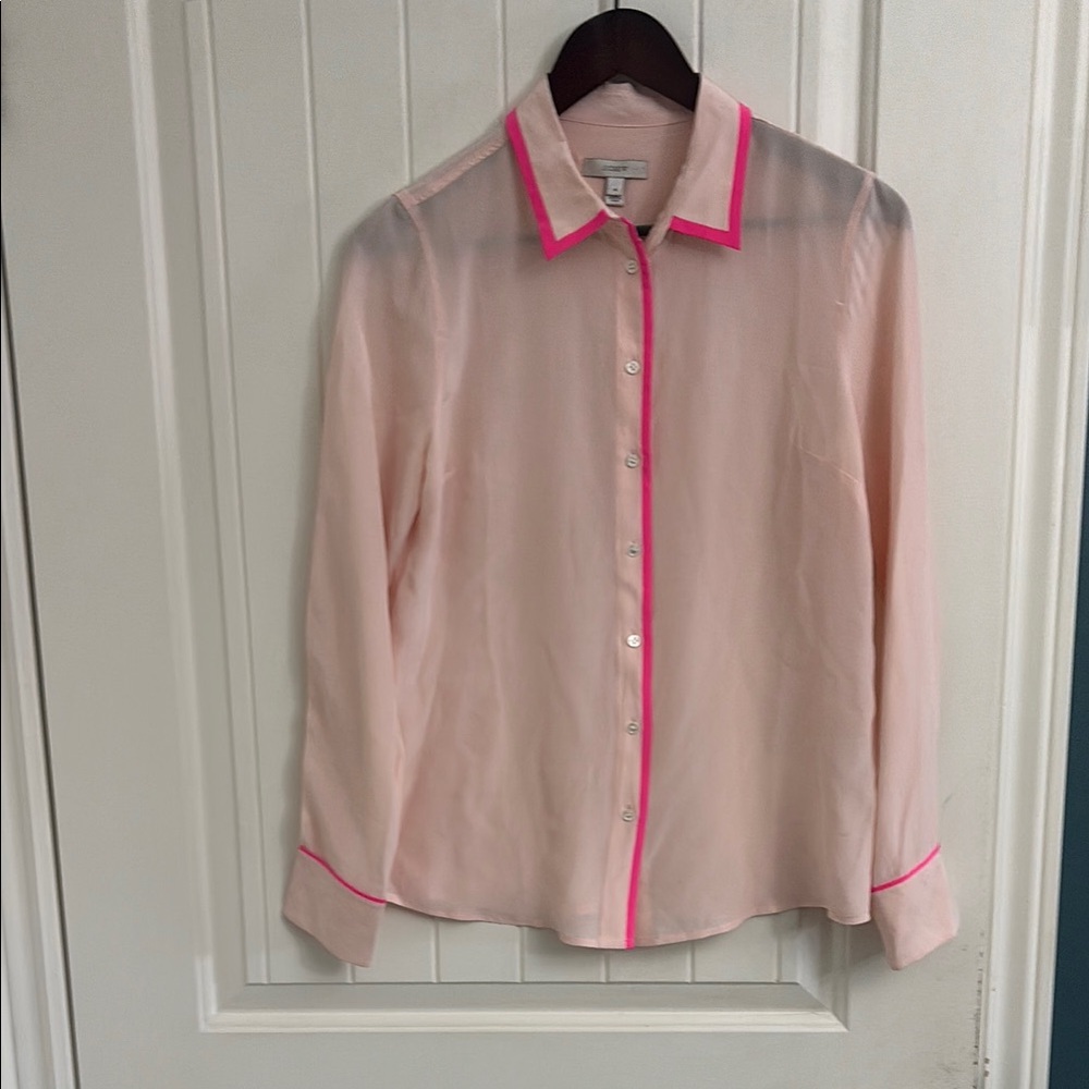 J. Crew Sheer Blouse with Pink Trim